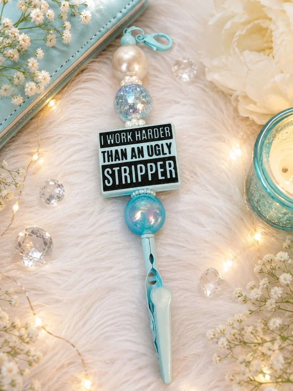 Aqua Blue Novelty Keychain Badge Reel - I Work Harder Than An Ugly Stripper